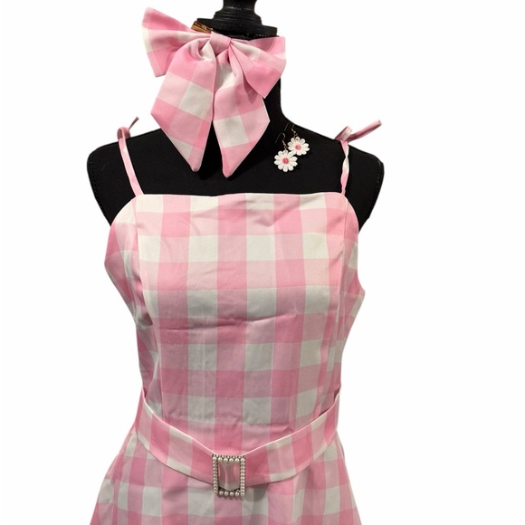 Pink & White Checkered Barbie Dress Costume with Bow Belt & Earrings size L - Picture 2 of 16